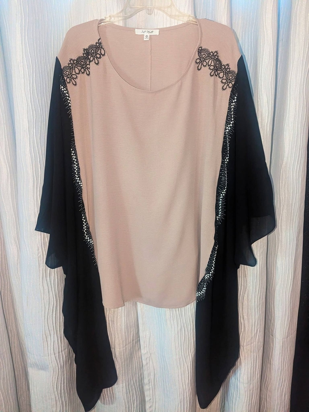 Poncho Top, Beige and Black Lace-Trim Overlay Top